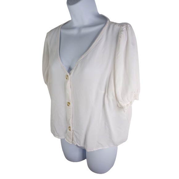 Divided White Button Down Cropped Top Size Large - Picture 2 of 4